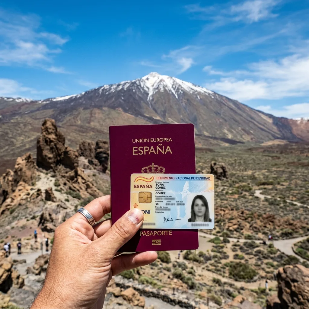 Cestovné doklady a pas pred sopkou Teide na Tenerife