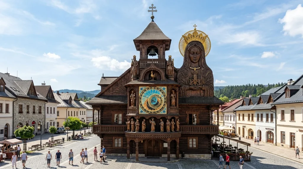 Jedinečný drevený Slovenský orloj na námestí v Starej Bystrici na Kysuciach