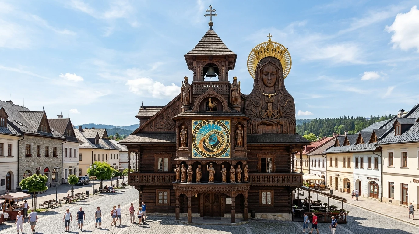 Jedinečný drevený Slovenský orloj na námestí v Starej Bystrici na Kysuciach