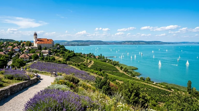 Nádherný výhľad na jazero Balaton v Maďarsku z polostrova Tihany s plachetnicami