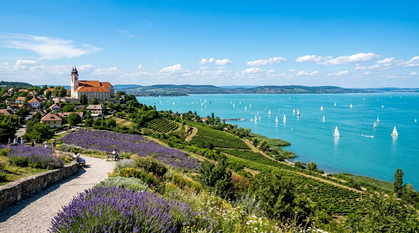 Maďarsko Balaton: Sprievodca dovolenkou pri Maďarskom mori (2026) 1 Nádherný výhľad na jazero Balaton v Maďarsku z polostrova Tihany s plachetnicami