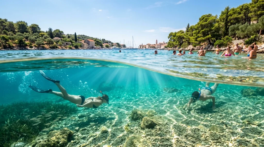 Teplota vody Trogir a ostrov Čiovo: Aktuálne podmienky na kúpanie (2026) 7 Priezračne čistá tyrkysová voda v zátoke Trogir na ostrove Čiovo so šnorchlistami a plavcami