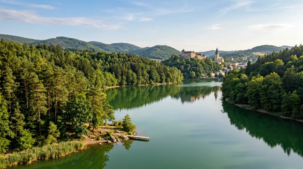 Štiavnické vrchy a tajchy: Kompletný sprievodca, kúpanie, turistika a pamiatky (2026) 9 Nádherný historický tajch v Štiavnických vrchoch obklopený lesmi a prírodou