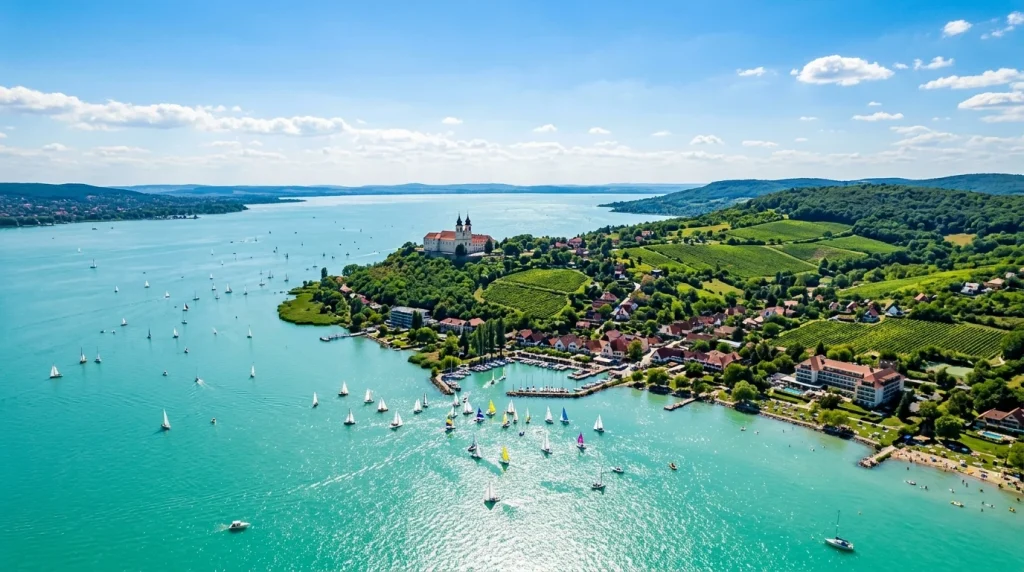 Balaton Maďarsko: Kompletný sprievodca, najlepšie pláže, mestá a tipy na výlety 7 Pohľad na jazero Balaton v Maďarsku s polostrovom Tihany a plachetnicami