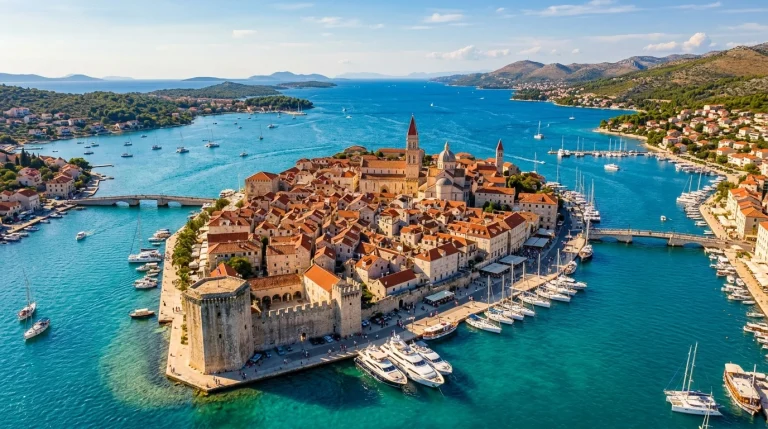 Počasie Trogir a teplota mora: Kedy je najlepší čas na dovolenku a kúpanie? 2 Slnečné počasie v Trogire v Chorvátsku a tyrkysové more pri historickom centre
