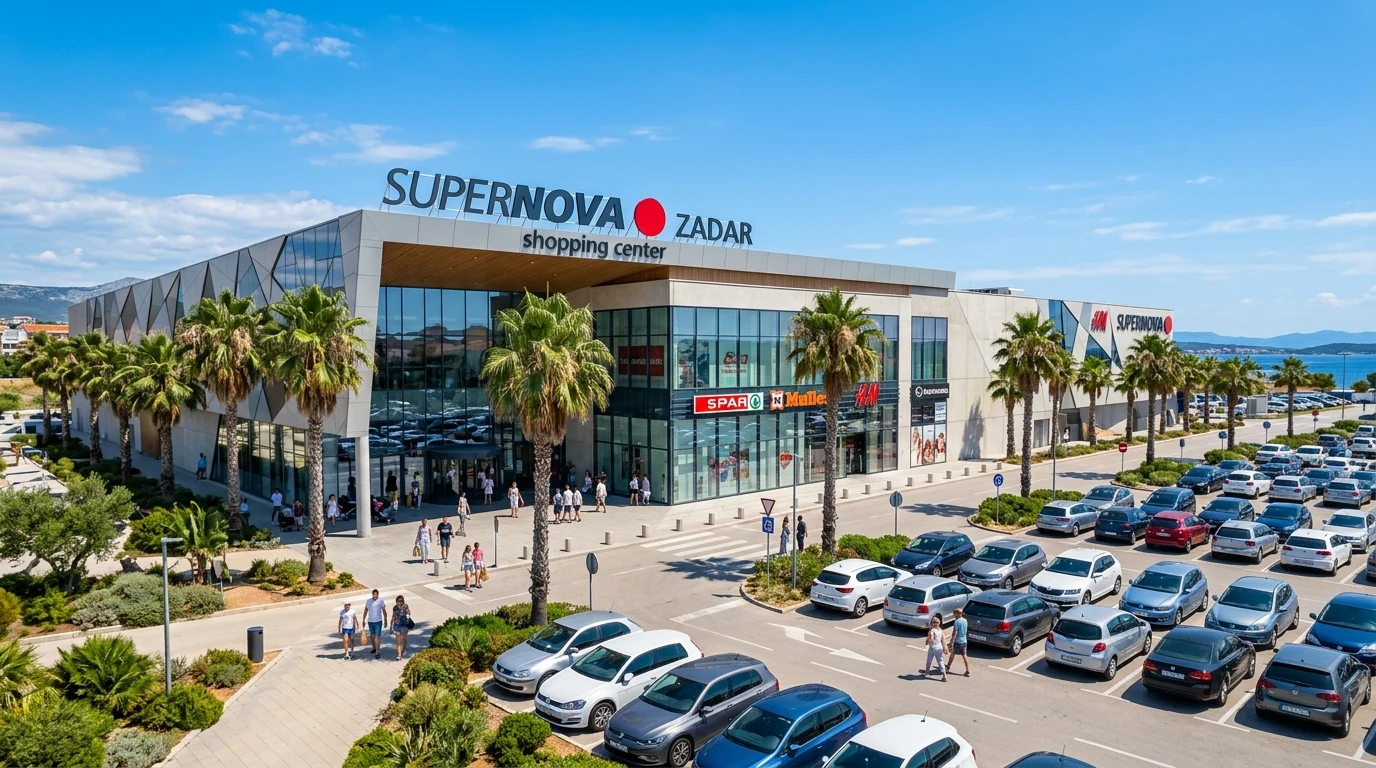 Moderné nákupné centrum Supernova v Zadare s palmami a obchodmi