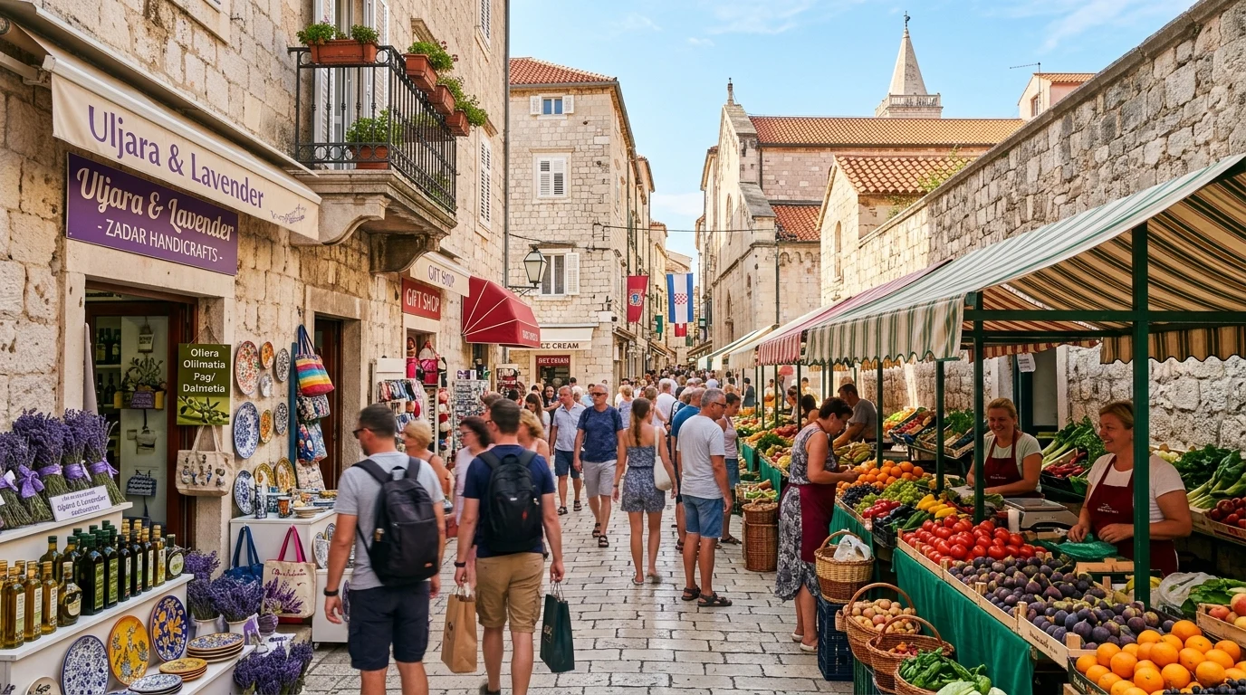 Zadar obchody, supermarkety a trhy: Kompletný nákupný sprievodca (2026) 1 Nákupné uličky a tradičný trh s ovocím a olivovým olejom v historickom Zadare